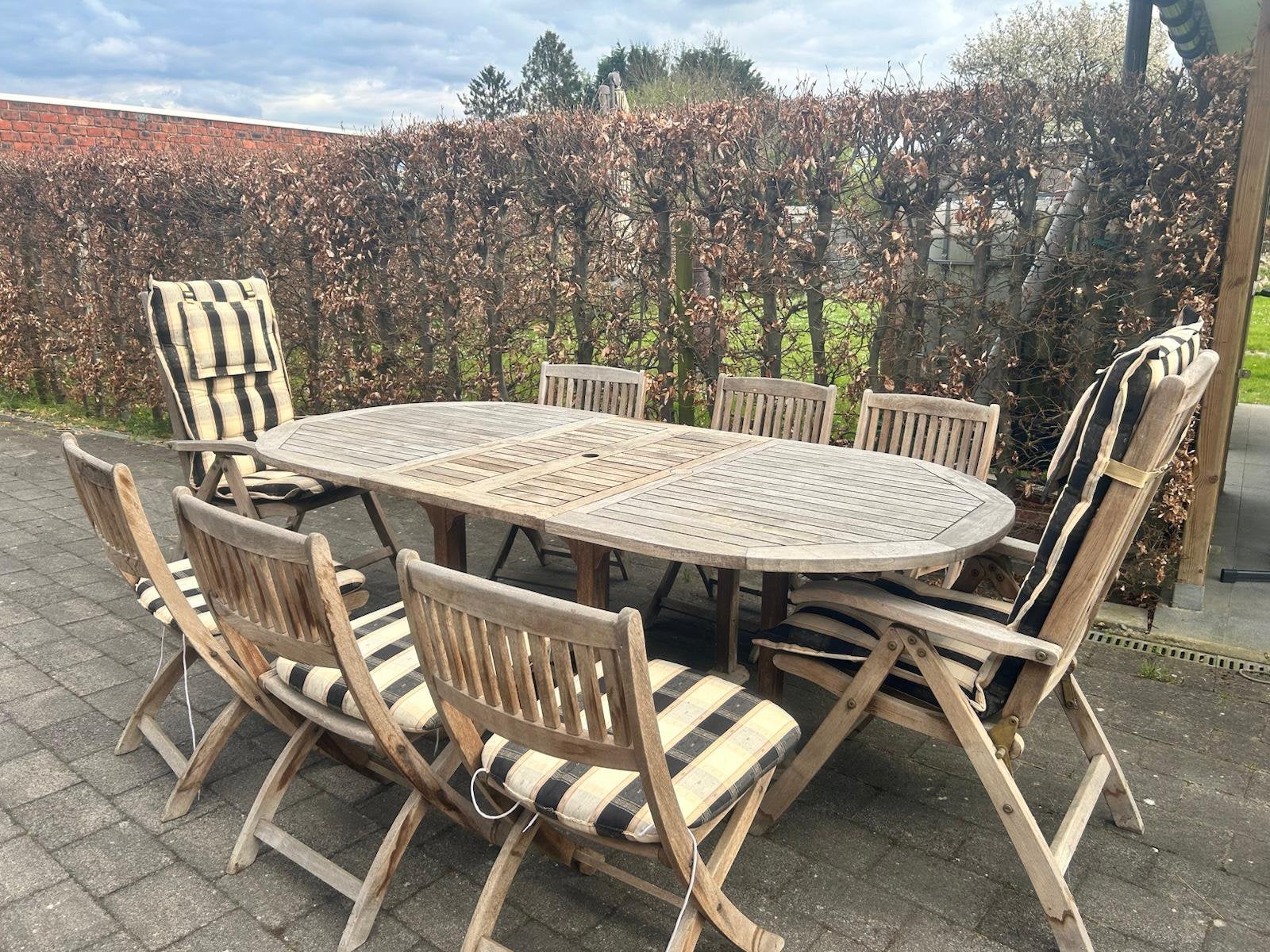 complete teak tuinset – tafel + 8 stoelen + kussens, Enlèvement, Comme neuf, Salons de jardin