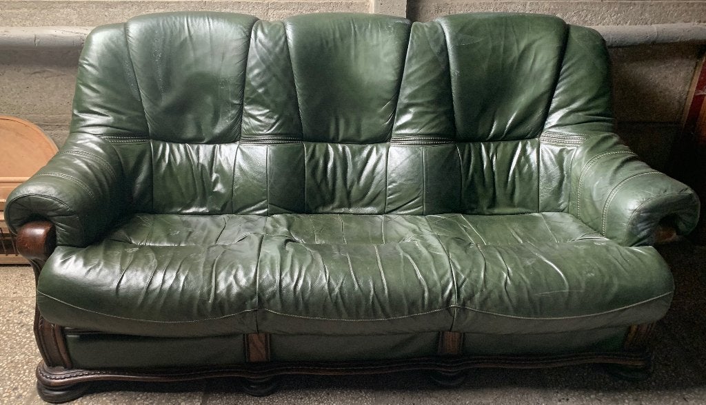 zetel  3-zit , leder groen  en hout, Ophalen, Gebruikt, Klassiek, Driepersoons