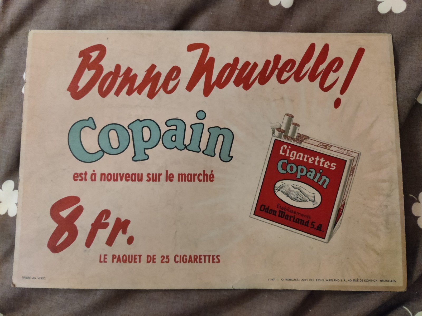 Carton publicitaire Cigarettes Copain, Bruxelles., Envoi, Utilisé, Panneau publicitaire