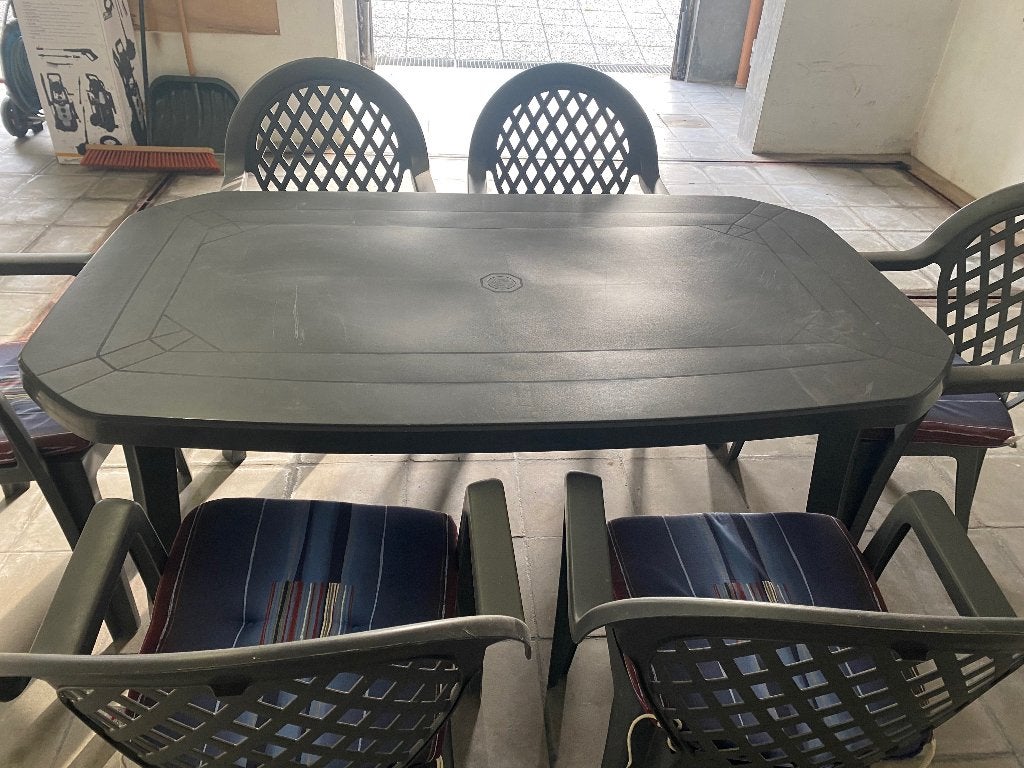Tuintafel met 6 stoelen en kussens, Tuin en Terras, Tuintafels, Ophalen, Gebruikt, Rechthoekig, Kunststof
