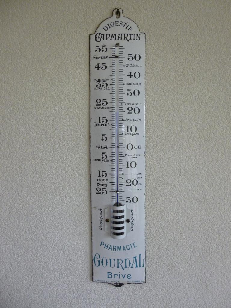 EMAILLE RECLAME THERMOMETER"CAP MARTIN DIGESTIF"JAREN 20/30, Verzamelen, Ophalen of Verzenden, Gebruikt, Reclamebord