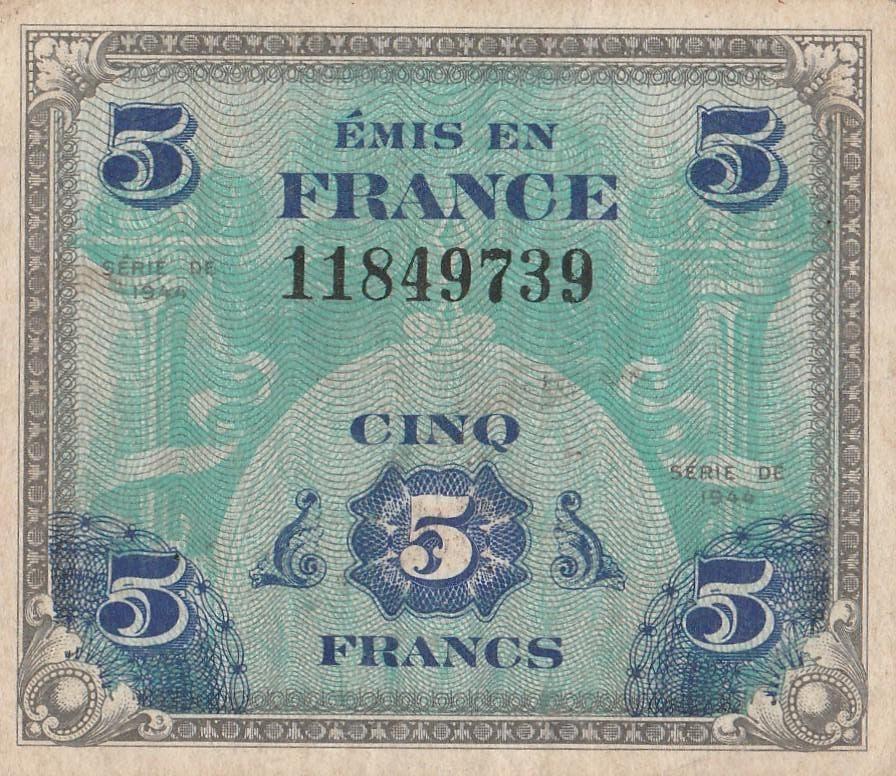 5 Francs Frankrijk 1944 – Geallieerde Militaire., Postzegels en Munten, Bankbiljetten | Europa | Niet-Eurobiljetten, Ophalen of Verzenden