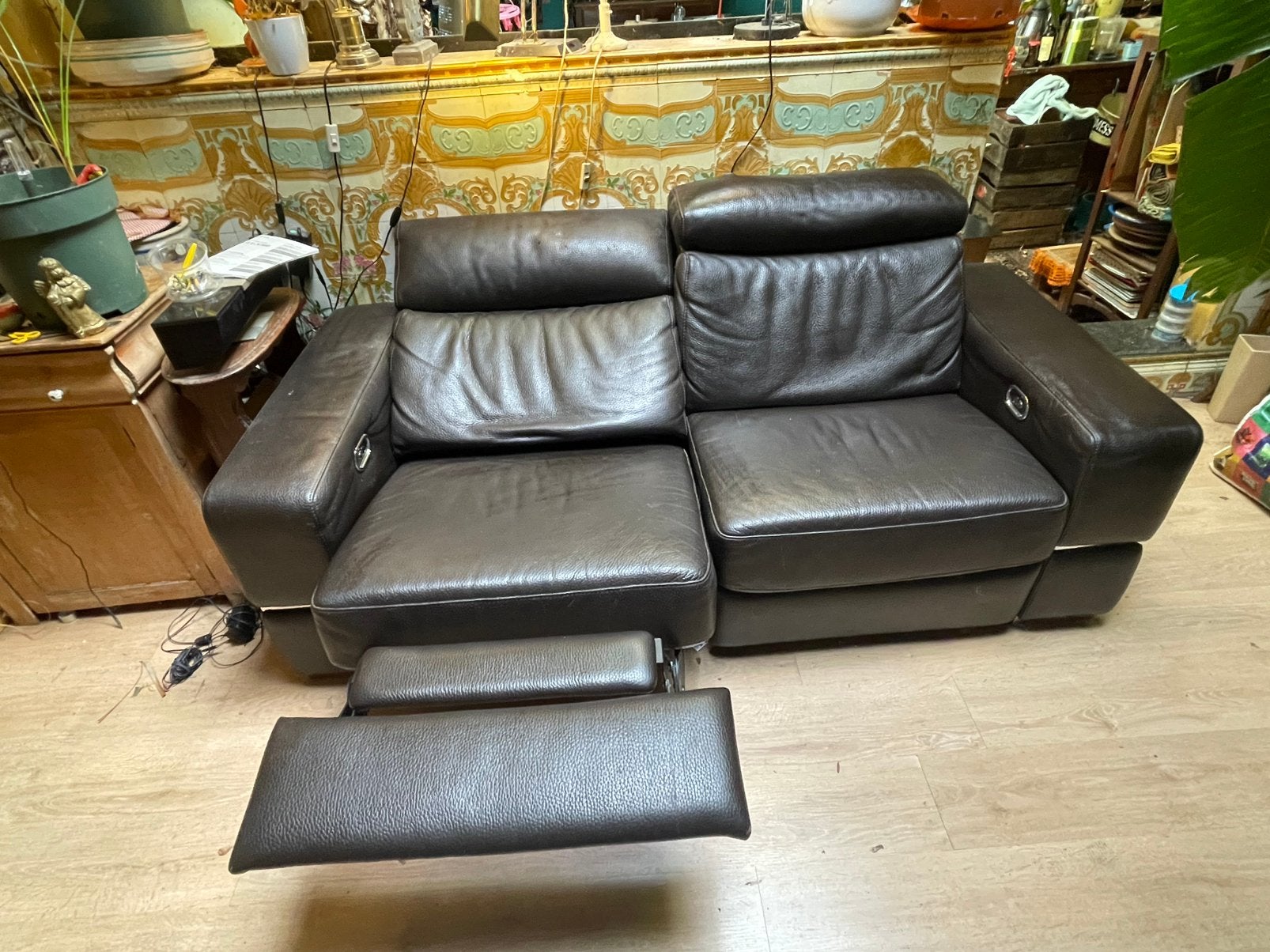 Lederen 2-zits relaxzetel – donkerbruin/zwart – 200 x 90 cm, Huis en Inrichting, Zetels | Zetels, Ophalen, Gebruikt, Tweepersoons