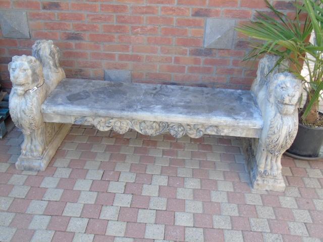 banc double de jardin pierre bleu 4 têtes lions ., Enlèvement, Comme neuf