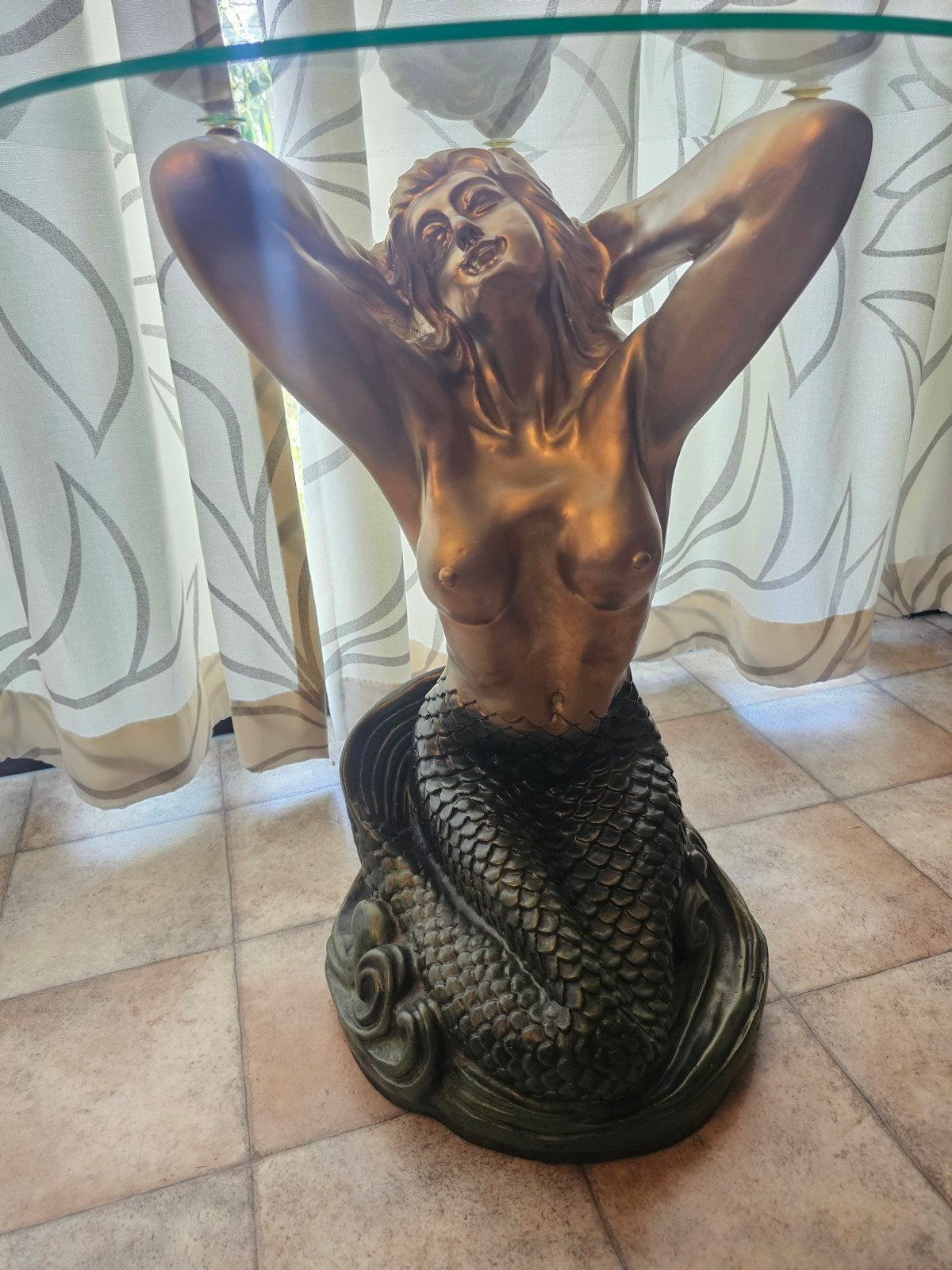Zeemeermin bijzettafel met glazen blad, Antiek en Kunst, Ophalen