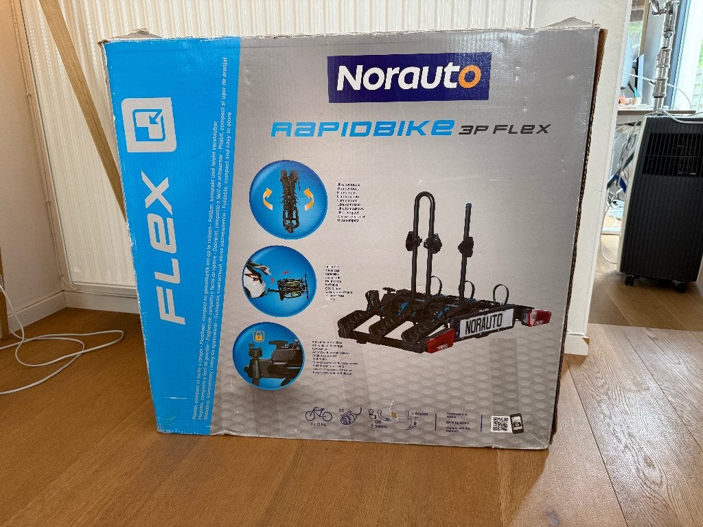 Fietsdrager trekhaakmontage NORAUTO Rapidbike 3P flex, Ophalen, 3 fietsen of meer, Brede banden, Zo goed als nieuw