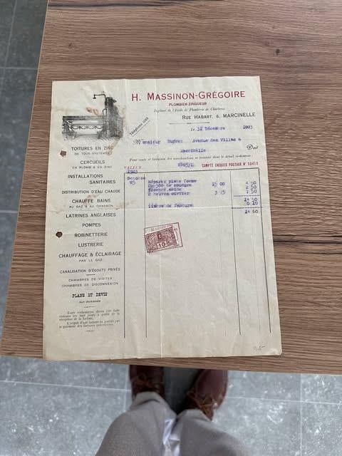 facture 1923 H. Massinon Grégoire Marcinelle plombier, Enlèvement ou Envoi, Autres types