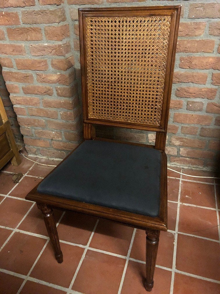 6x Eichholtz stoelen – dubbele rieten rug zwarte stoffen zit, Ophalen, Gebruikt, Bruin, Hout