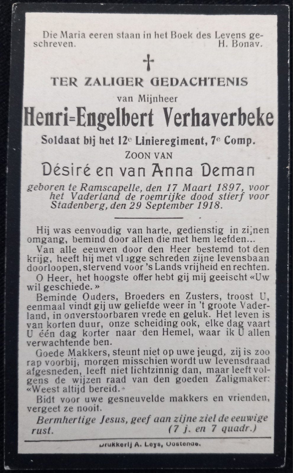 Carte de prière WW1, Collections, Images pieuses & Faire-part, Enlèvement ou Envoi