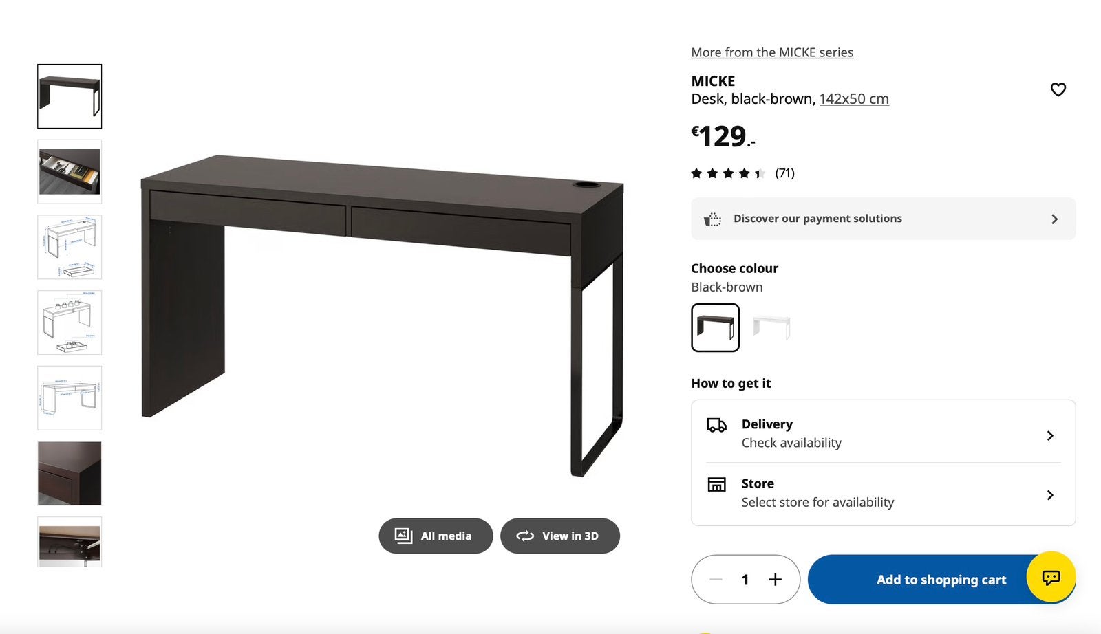 Bureau Ikea Micke noir deux tiroirs, Ophalen, Zo goed als nieuw, IKEA, Zwart