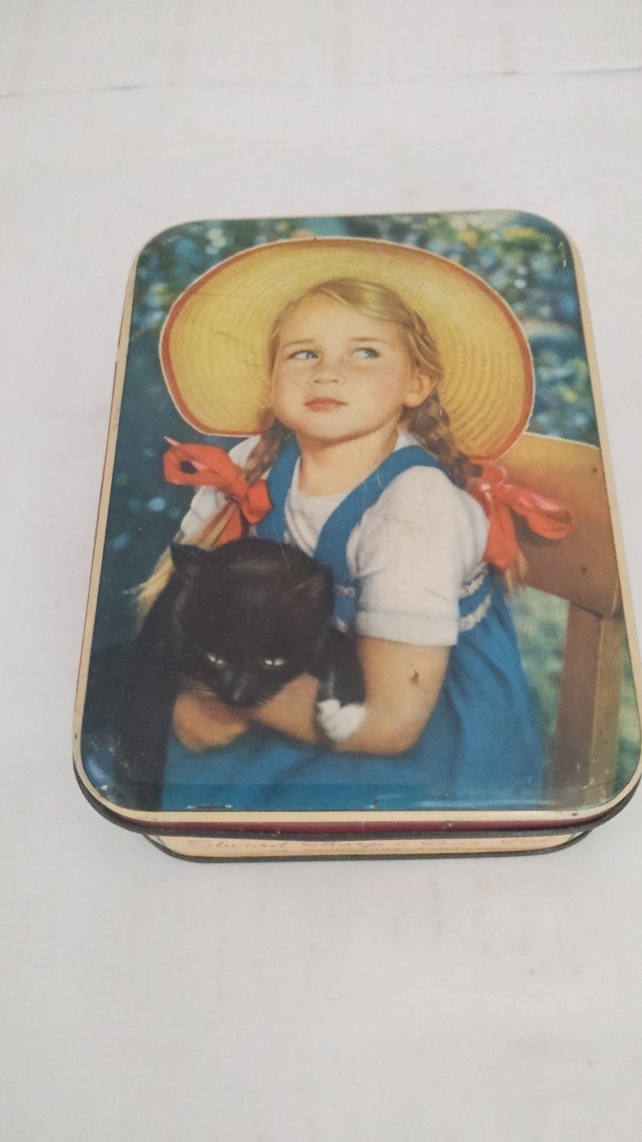 vintage blikje blond meisje met zwarte kat, Verzamelen, Ophalen of Verzenden