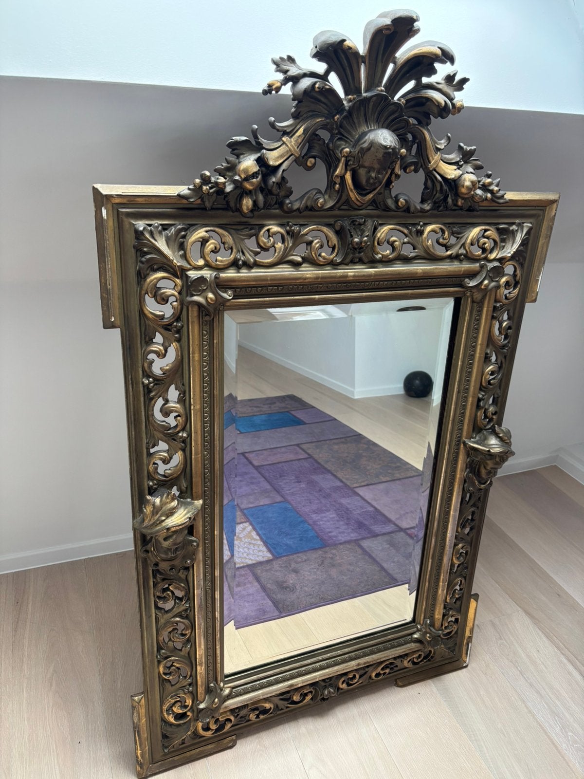 Grote spiegel met gouden rand, Antiek en Kunst, Ophalen, Rechthoekig, 50 tot 100 cm, 100 tot 150 cm