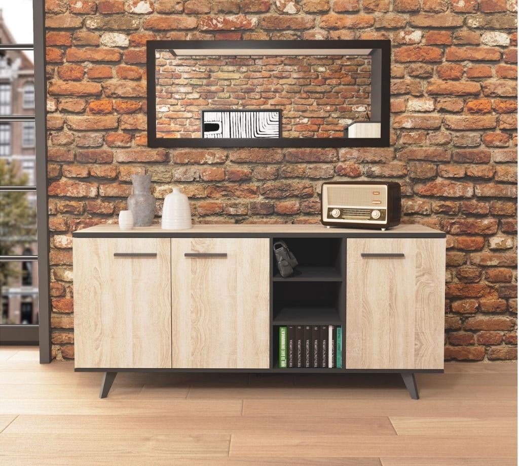 Dressoir nieuw in eik en zwart 161cm + Gratis Levering, 150 tot 200 cm, Nieuw, Ophalen of Verzenden, 25 tot 50 cm
