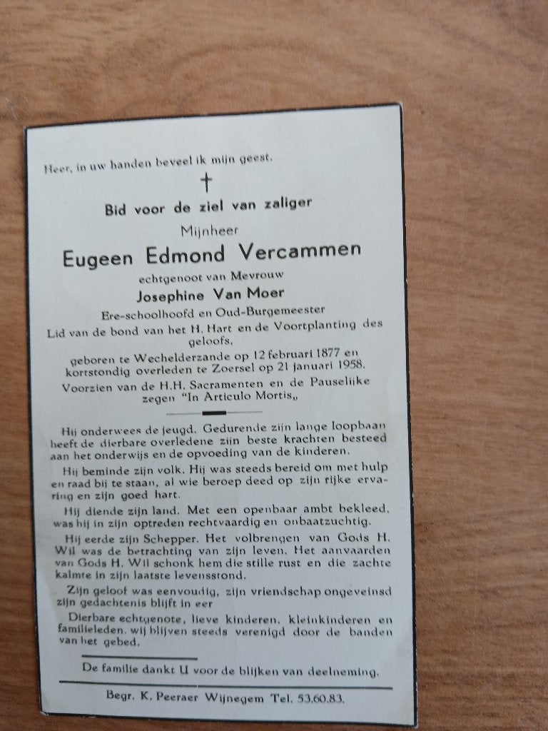 oud burgemeester zoersel overl 1958, Ophalen of Verzenden, Bidprentje