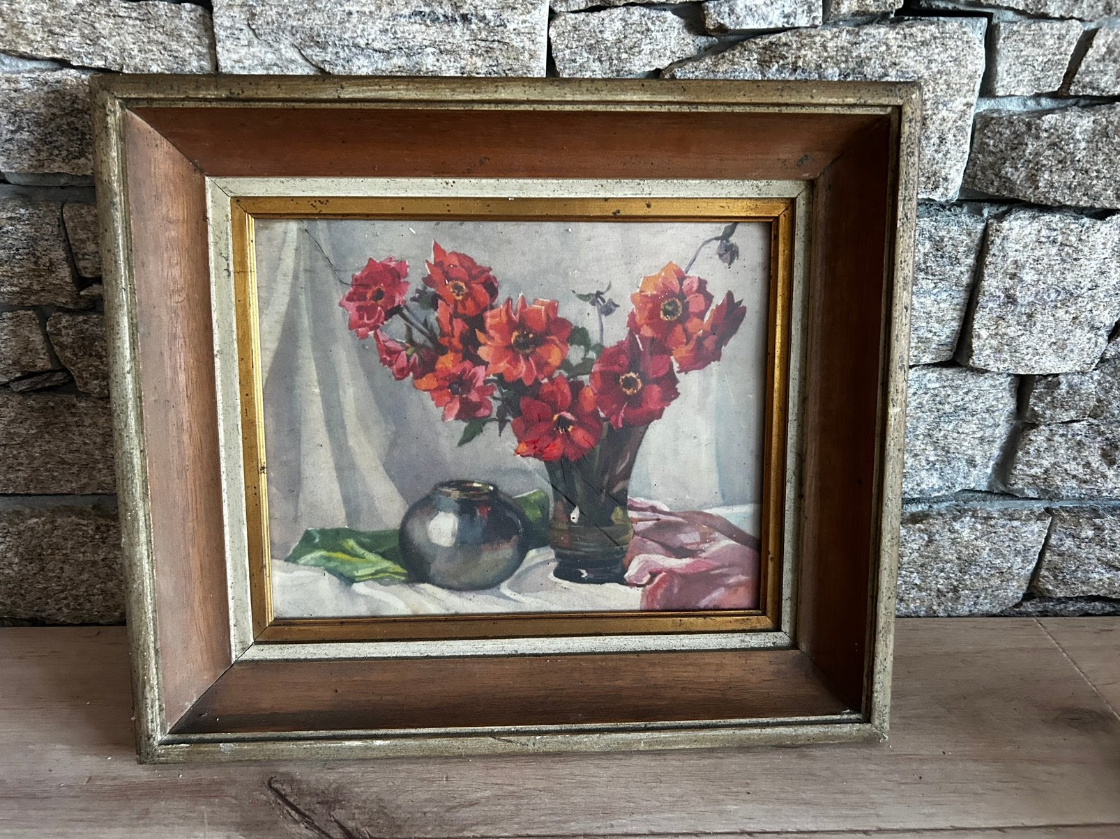 Peinture Ancienne Sous Verre - Vase et Fleurs, Enlèvement, Fleurs