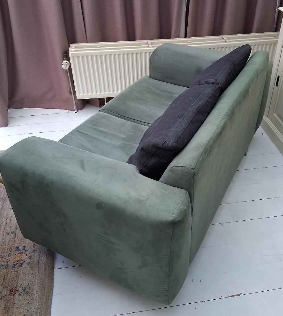 gratis tweezit zetel, groen synthetisch suède, Huis en Inrichting, Zetels | Zetels, Gebruikt, Rechte bank, Tweepersoons, 150 tot 200 cm