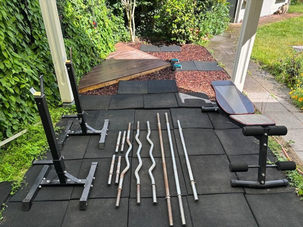 Halterstangen, squat rack en verstelbare fitnessbank, Ophalen, Gebruikt, Fitnessbank
