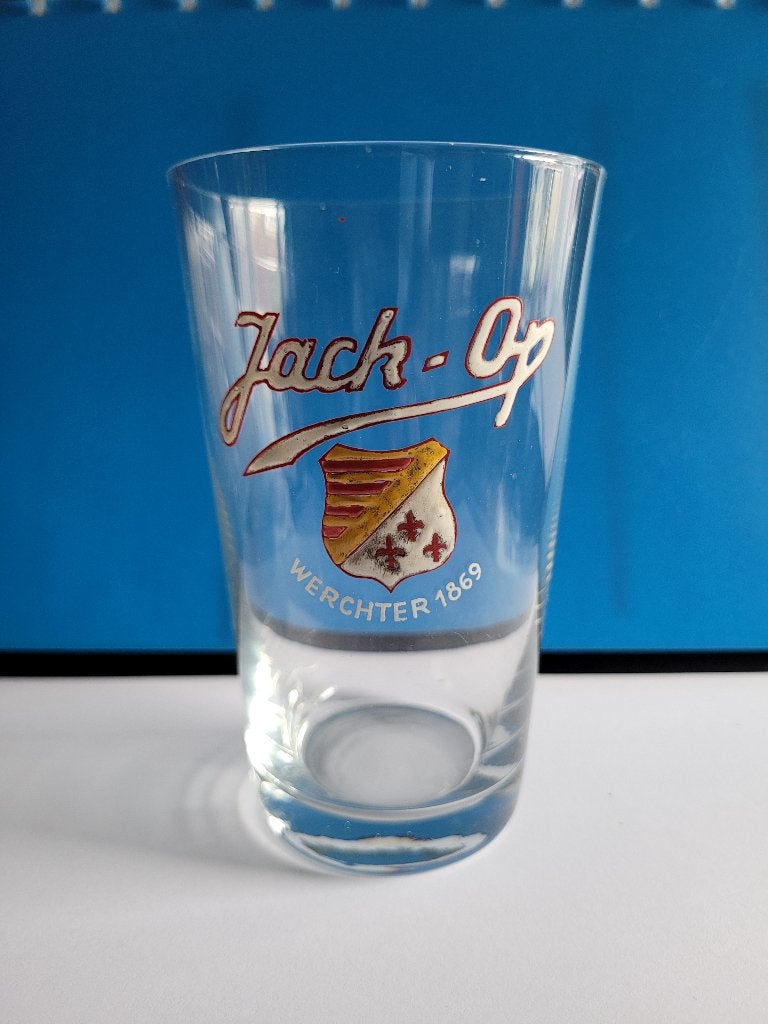 verre à bière émaillé Jack-Op Werchter 1869, Enlèvement ou Envoi, Utilisé, Verre ou Verres, Autres marques