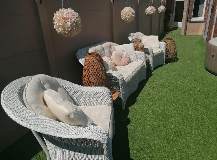 Tuinset  wit rotan., Jardin & Terrasse, Ensembles de jardin, Comme neuf, Salons de jardin, Rotin, 5 places, Banque, Table d'appoint