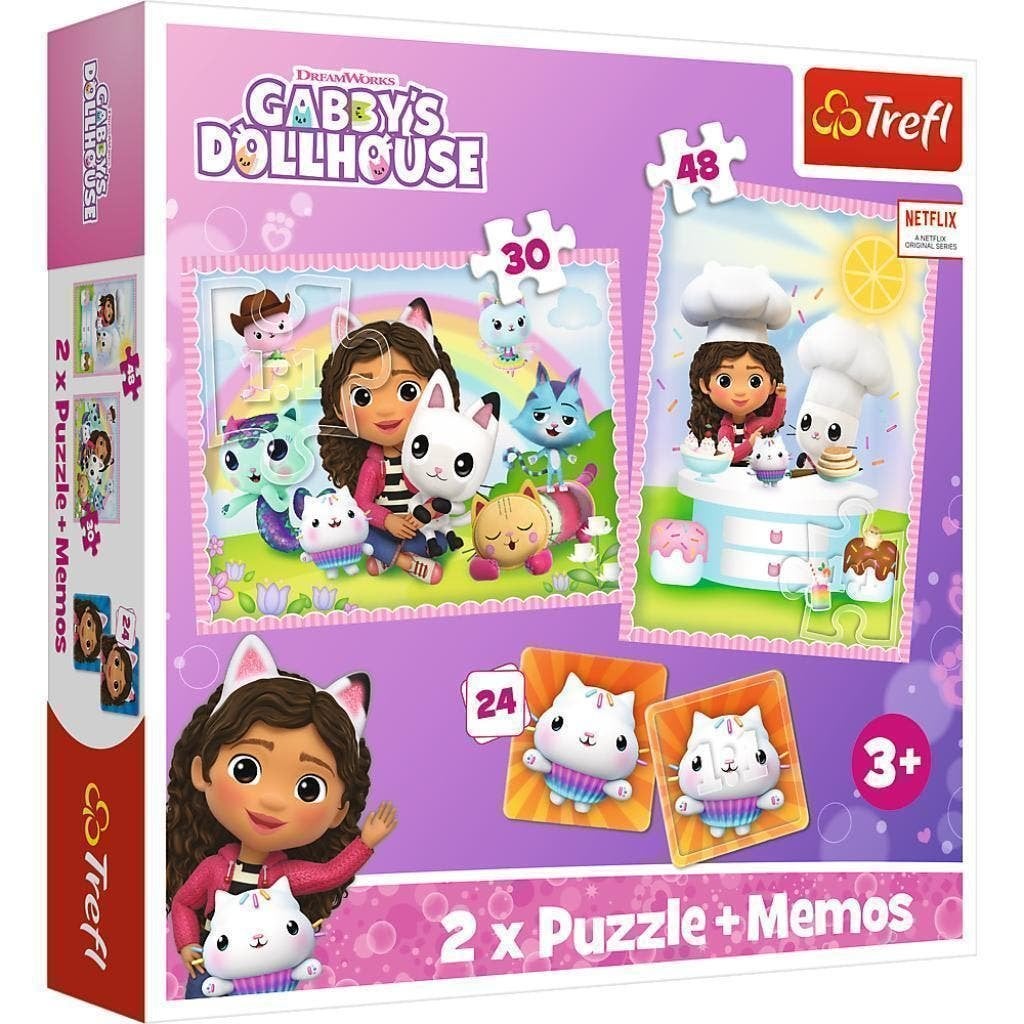 Gabby's Poppenhuis 2 in 1 Puzzel met Geheugenspel - 30/48 st, Enlèvement ou Envoi, 10 à 50 pièces, Neuf, 4 à 6 ans