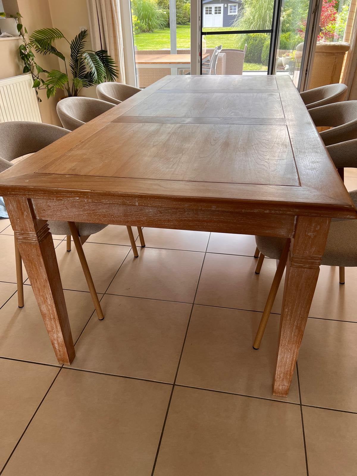 Table a manger en teak cérusé 240x100x77, Teck, 200 cm ou plus, Cinq personnes ou plus, 50 à 100 cm
