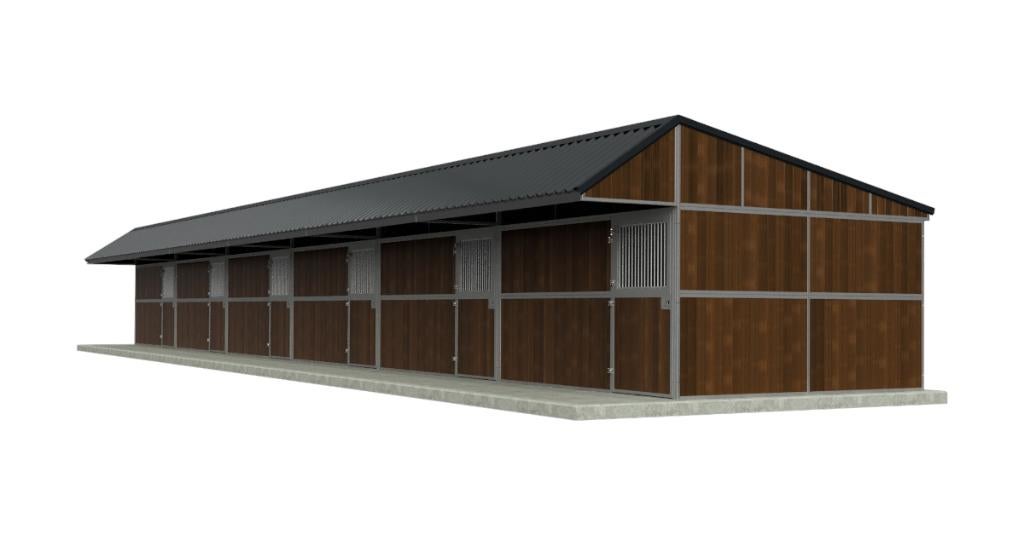 Buitenstal met 6 royale paardenboxen en kapschuurdak, Dieren en Toebehoren, Weidegang, 4 paarden of pony's of meer