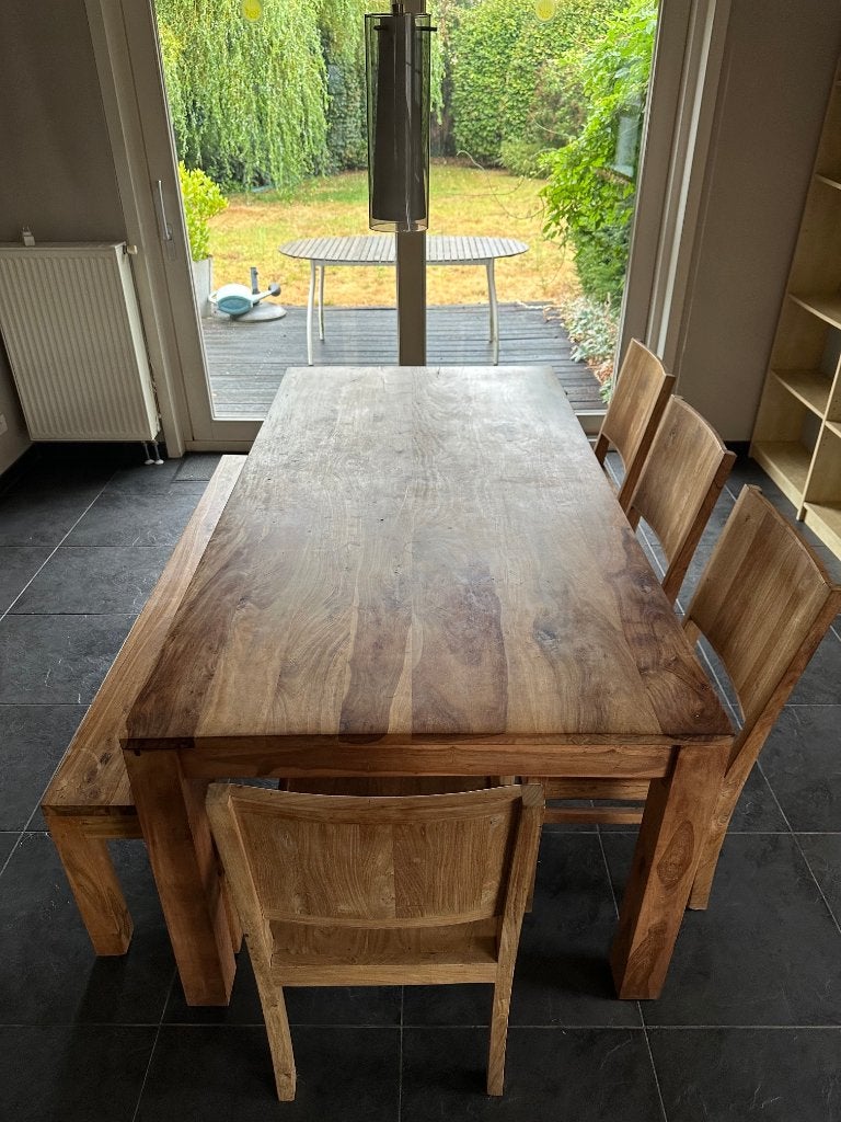 Houten tafel met bijpassende stoelen & bank, Huis en Inrichting, Tafels | Eettafels, Ophalen, Gebruikt, 100 tot 150 cm, 150 tot 200 cm