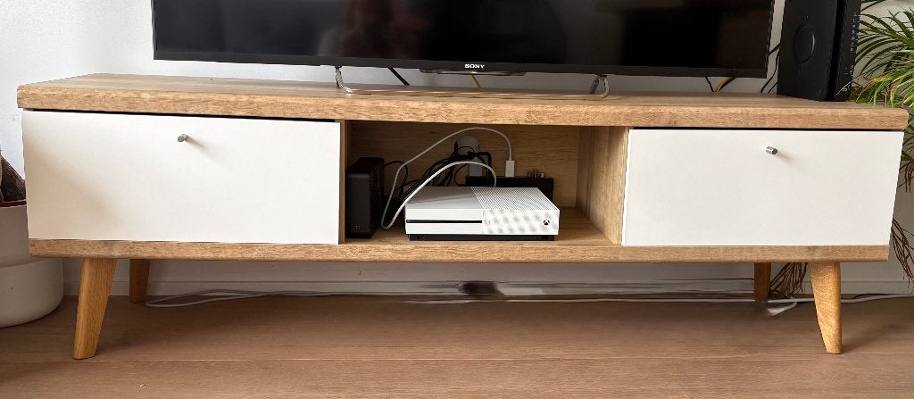 Meuble TV moderne – Finition chêne et blanc, Maison & Meubles, Enlèvement, Comme neuf, Chêne, Moderne – Finition chêne et blanc