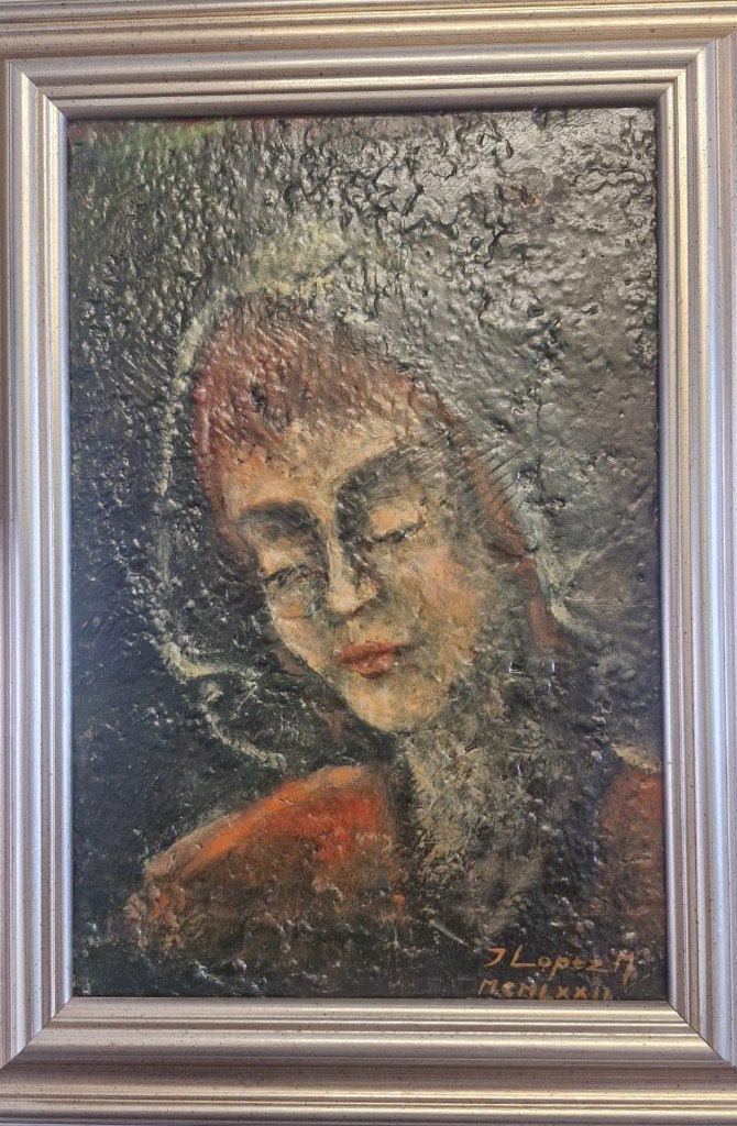 schilderij van J. Lopez 1972, Antiquités & Art, Enlèvement, Encadré, Portrait ou Personnes