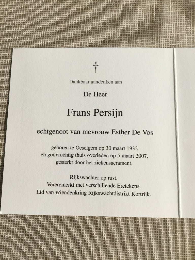 Rijkswachter F.Persijn Oeselgem  E.De Vos, Verzamelen, Ophalen of Verzenden, Bidprentje