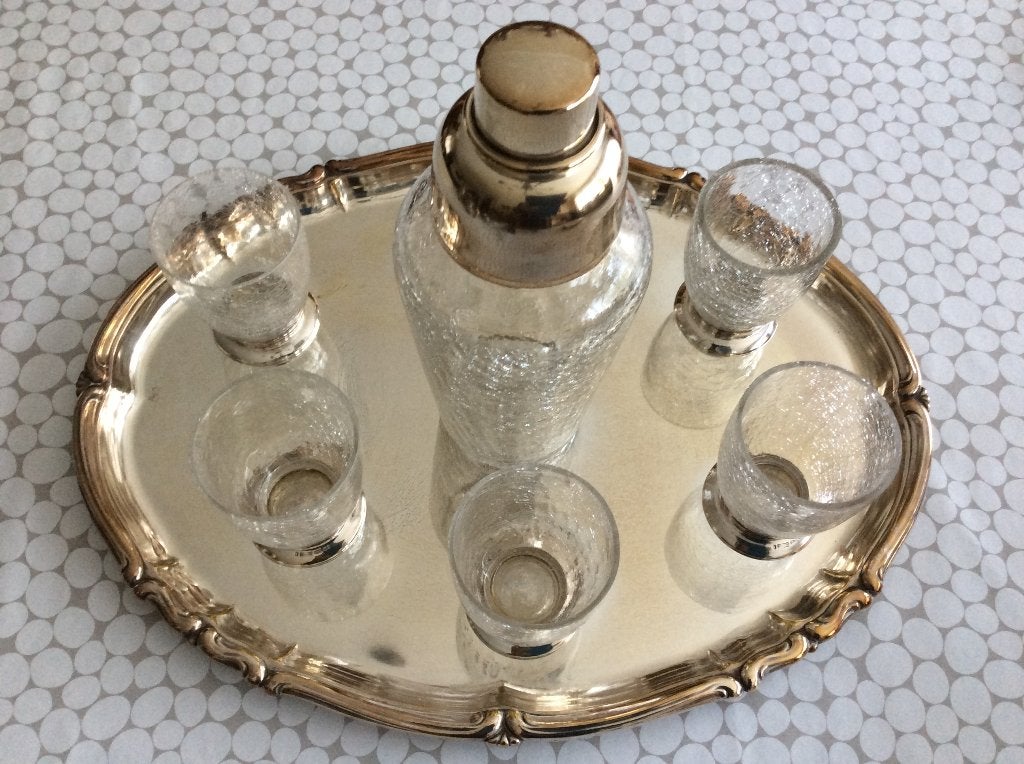 vintage cocktailshaker met zilveren schaal en 6 glazen, Ophalen of Verzenden