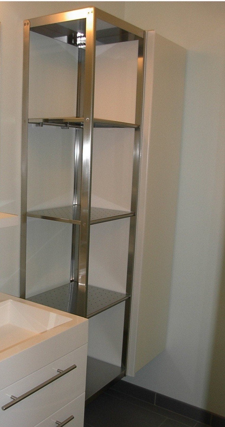 Ikea badkamer kolomkast hoogglans wit + RVS open rek, Enlèvement, Comme neuf