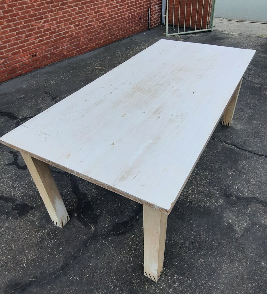 Table en bois massif 200x95 blanc patiné aspect patiné, Enlèvement