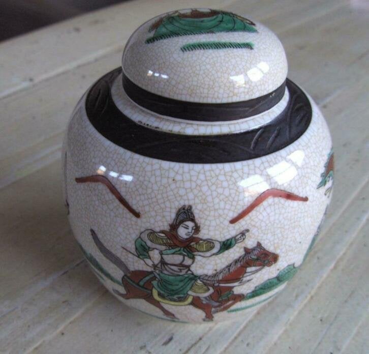 Oude Chinese gemberpot met strijder te paard, Ophalen of Verzenden