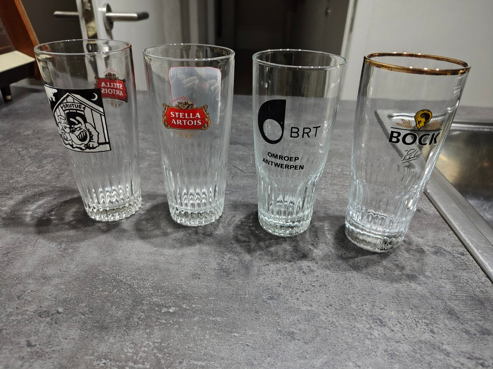 Lot van 4 vintage Belgische ribbelglazen (Boerkes) - Stella, Verzamelen, Ophalen of Verzenden, Zo goed als nieuw, Bierglas