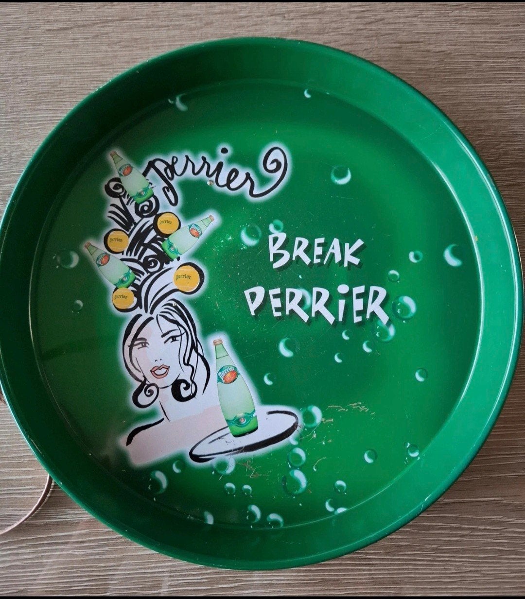 Vintage Perrier Reclame Dienblad – "Break Perrier" – Retr, Ophalen, Metaal, Groen