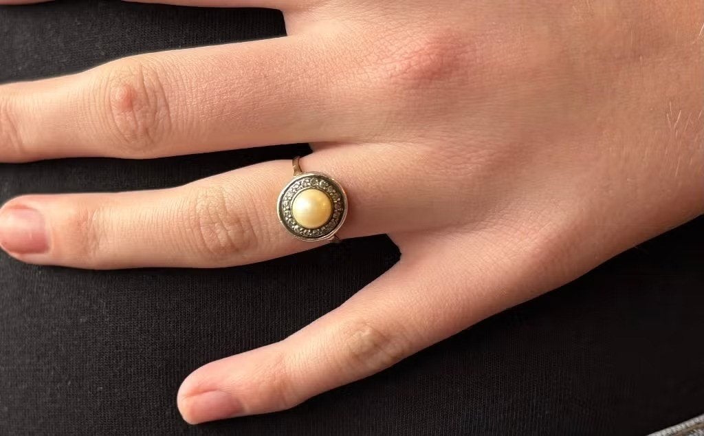 Diamanten parel 14k gouden vintage ring antiek dame briljant, Ophalen of Verzenden, Ring, Met edelsteen