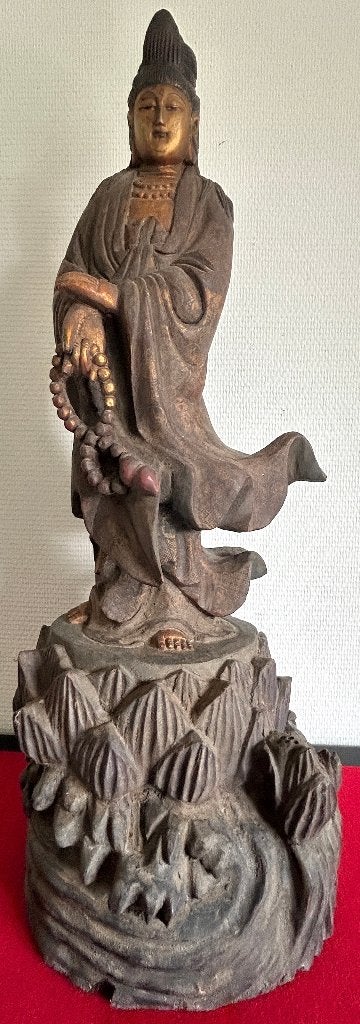 Kwan Yin-beeld in massief hout en goudchroom, Antiek en Kunst, Ophalen of Verzenden