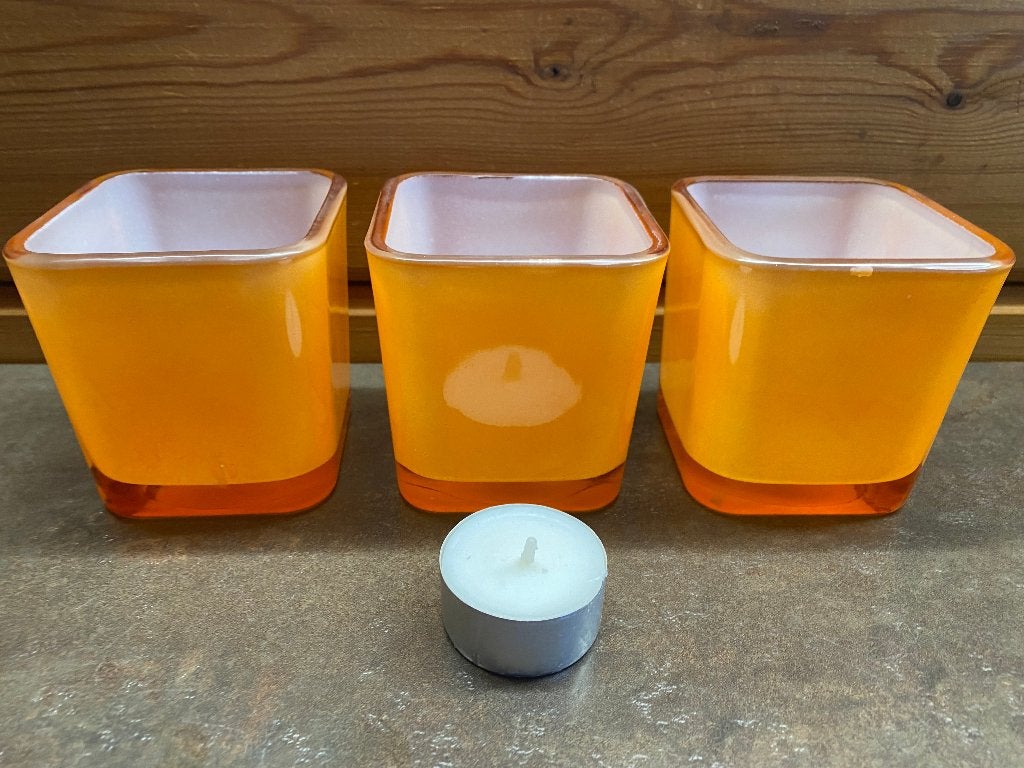 3 Theelichtglaasjes oranje, Huis en Inrichting, Woonaccessoires | Kandelaars en Kaarsen, Ophalen, Nieuw, Oranje, Glas