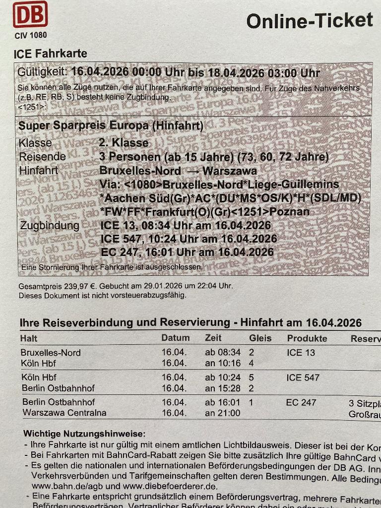 Billet de train Bruxelles - Cologne - Berlin - Varsovie, Tickets & Billets, Une personne, Train, Avec destination ou date