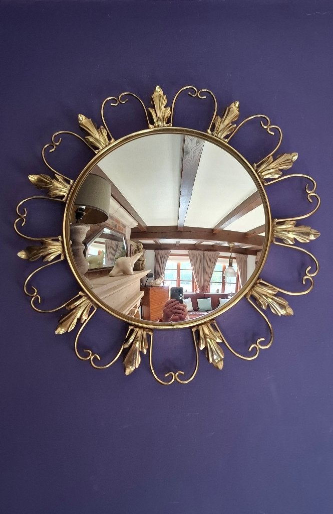 Vintage zonnespiegel "Deknudt" - Heksenspiegel, Antiek en Kunst, Ophalen of Verzenden, Rond, Minder dan 50 cm, Minder dan 100 cm