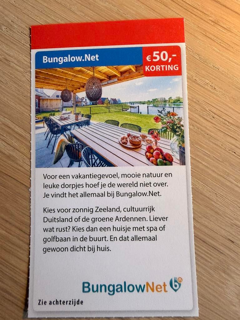 € 50 korting bij Bungalow Net, kortingsbon, Twee personen, Kortingsbon, Bungalowpark