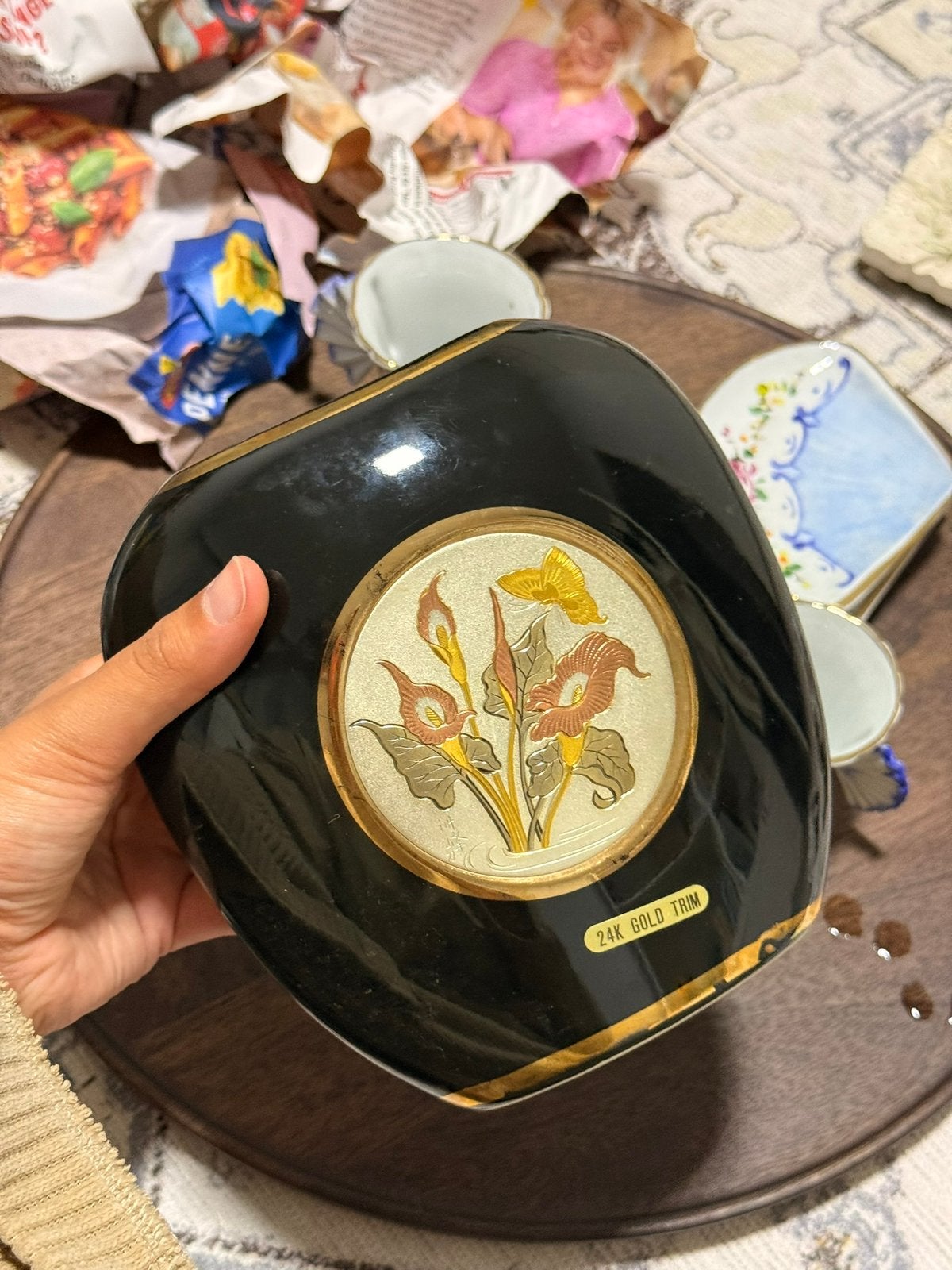 Vase vintage noir - Art floral & papillon - 24K Gold Trim, Enlèvement ou Envoi