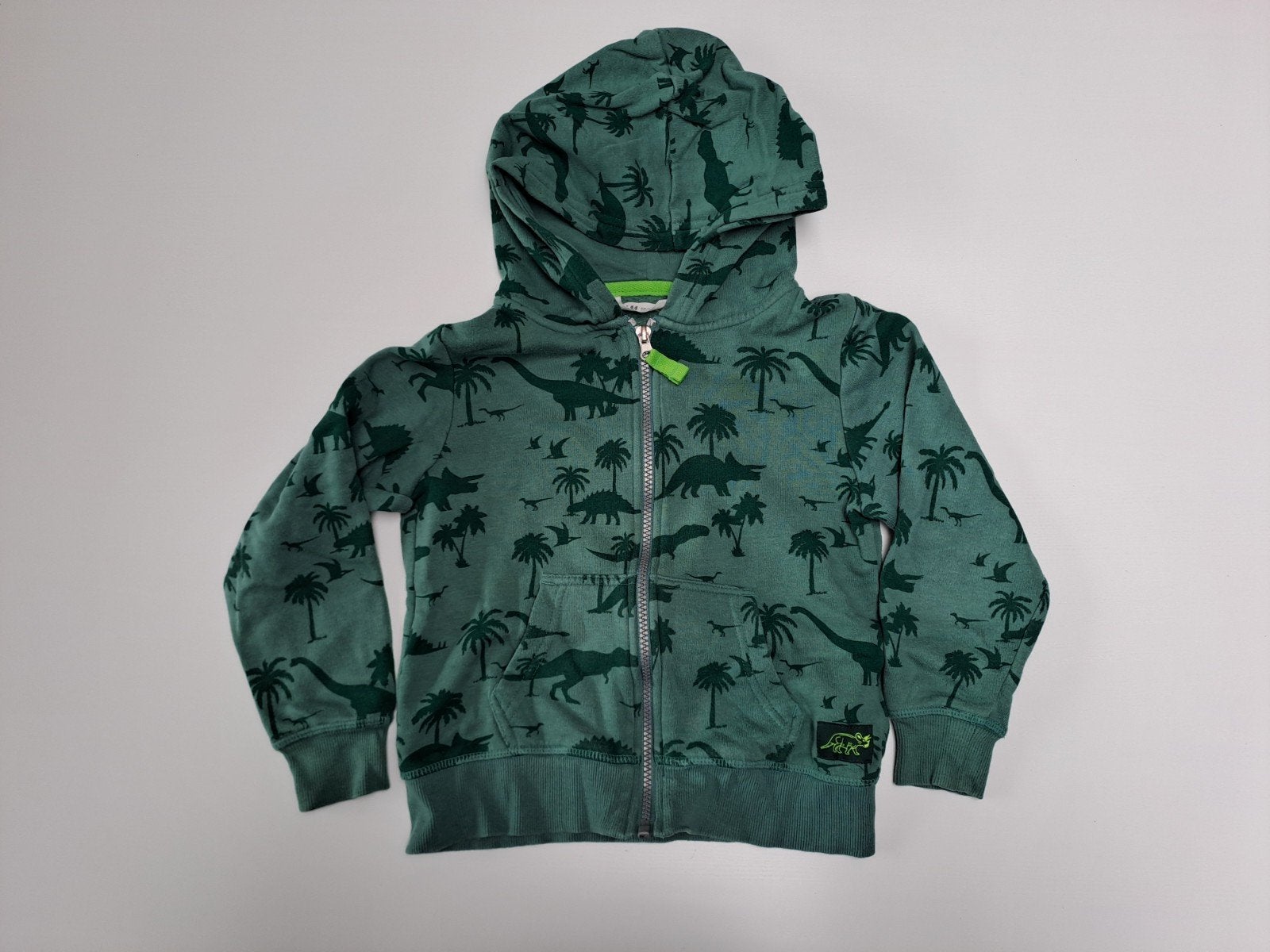 Mt 110-116 Groene hoodie met rits dino's en bomen, Kinderen en Baby's, Gebruikt, Trui of Vest, H&M, Ophalen of Verzenden