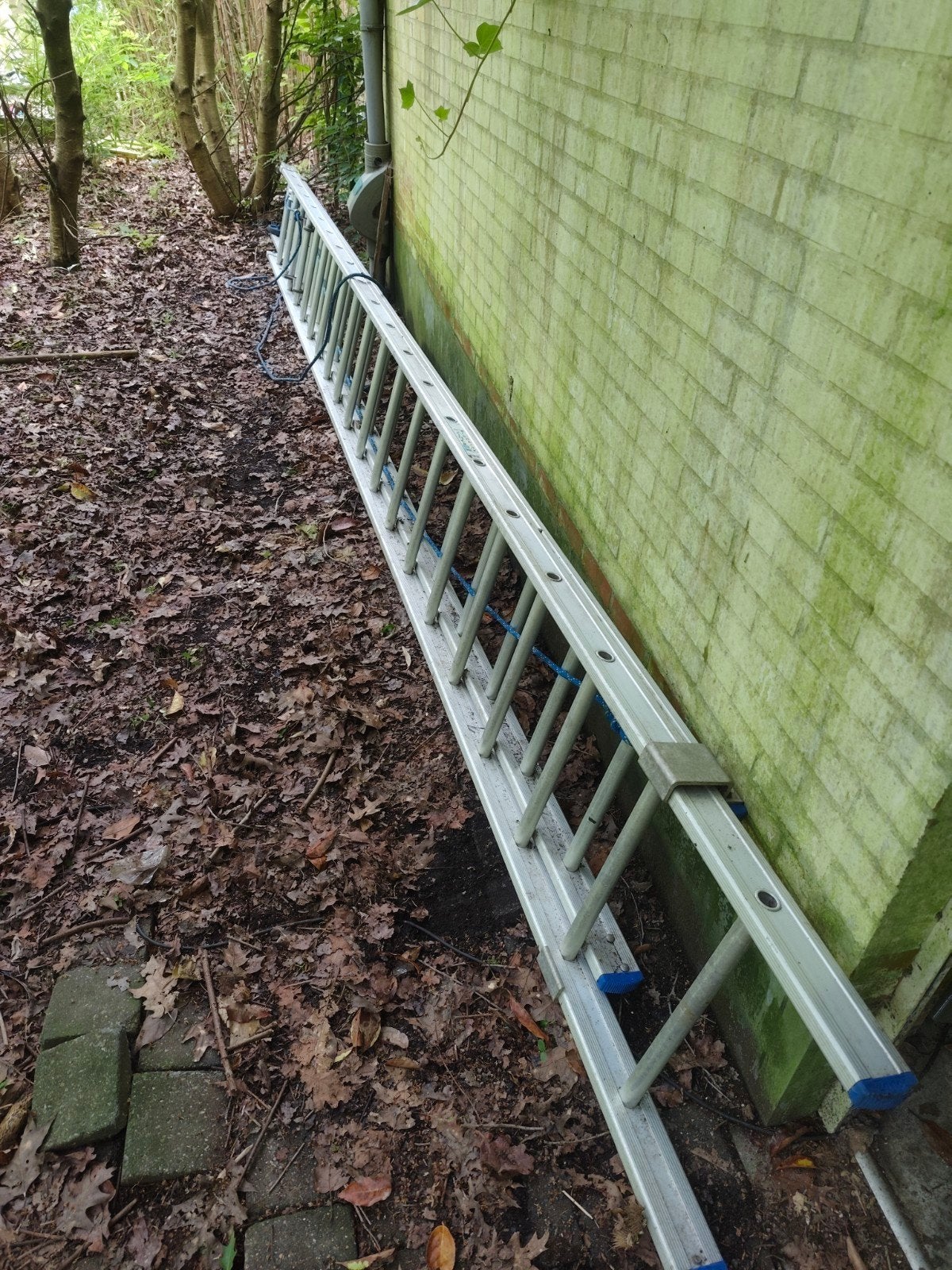 Professionele ladder 9,5m. Solide F2x20 met touw, nieuwstaat, Ophalen of Verzenden, Zo goed als nieuw, Ladder, Opvouwbaar of Inschuifbaar