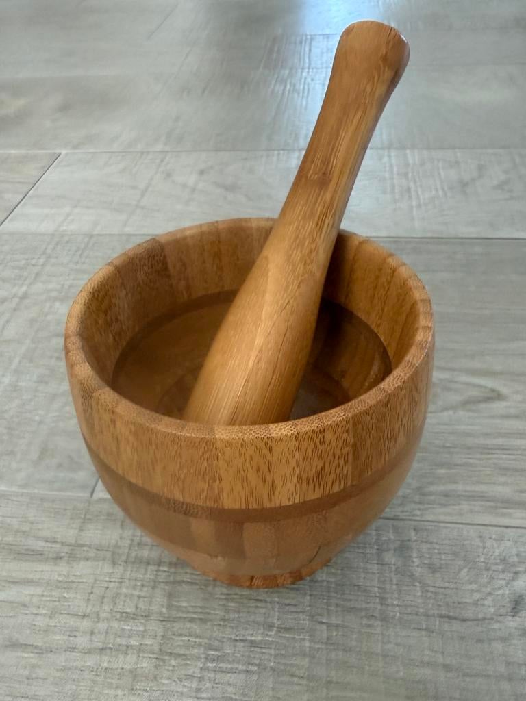 Vijzel en stamper uit bamboe + voorraad potten brabantia, Ophalen, Zo goed als nieuw, Brabantia