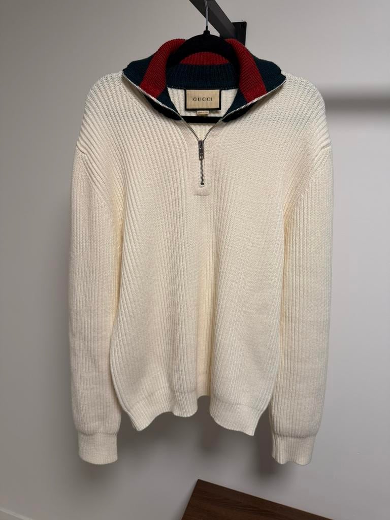 Gucci Wollen Trui met Webstreep maat L, Ophalen of Verzenden, Zo goed als nieuw, Maat 52/54 (L), Wit