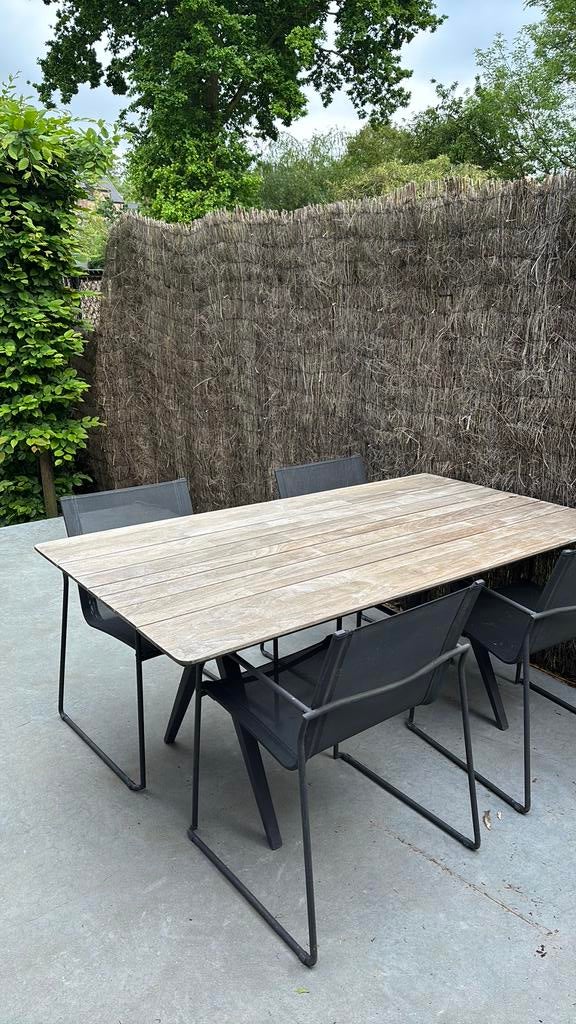 Teakhouten tuintafel + 4 stoelen, Tuin en Terras, Tuintafels, Ophalen, Gebruikt, Rechthoekig, Hout