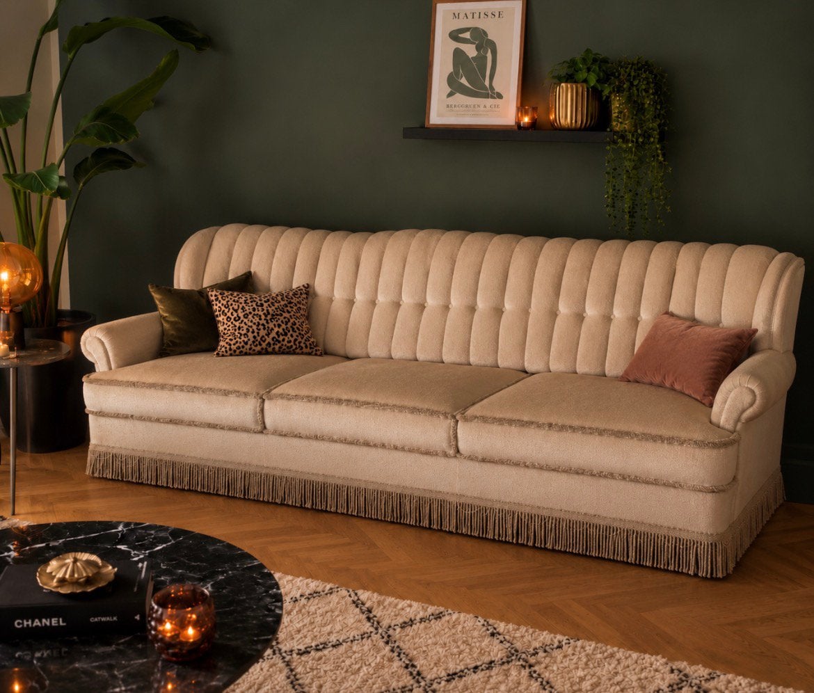 Vintage Zetel mohair velours franjes nieuw gestoffeerd! sofa, Enlèvement, Comme neuf, Tissus