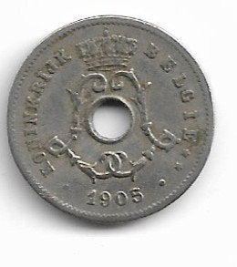 België: OVERSLAG 5 cent 1905 VL over 1904 VL (= morin 276A), Postzegels en Munten, Ophalen of Verzenden, Losse munt